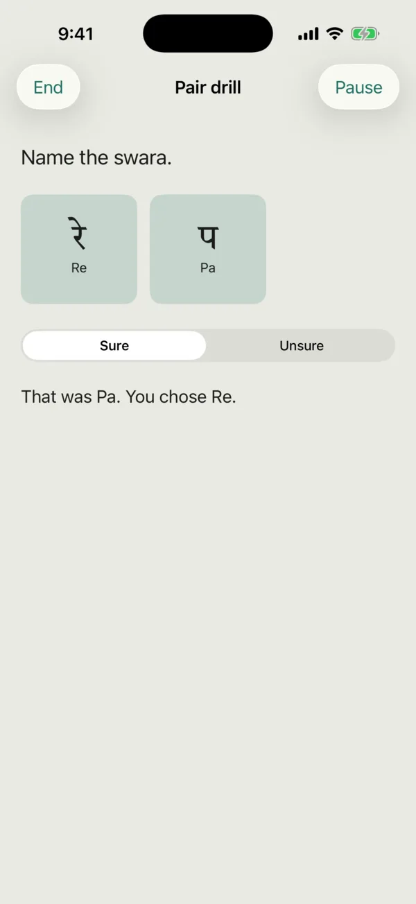 Jivari on iPhone after a wrong answer: answer buttons for the swaras at this level, and a line naming the swara that played and the one chosen.